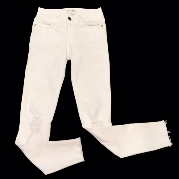 Frame Le Skinny De Jeanne Crop Jeans Raw Hem Distressed White Women’s Size 24