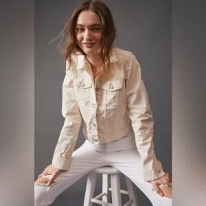 Free People Ecru White Button Up Patch Sleeve Rumors Denim Jacket Size XS