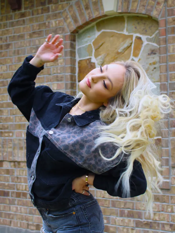 Gone Wild Boyfriend Denim Jacket, Black with Cheetah