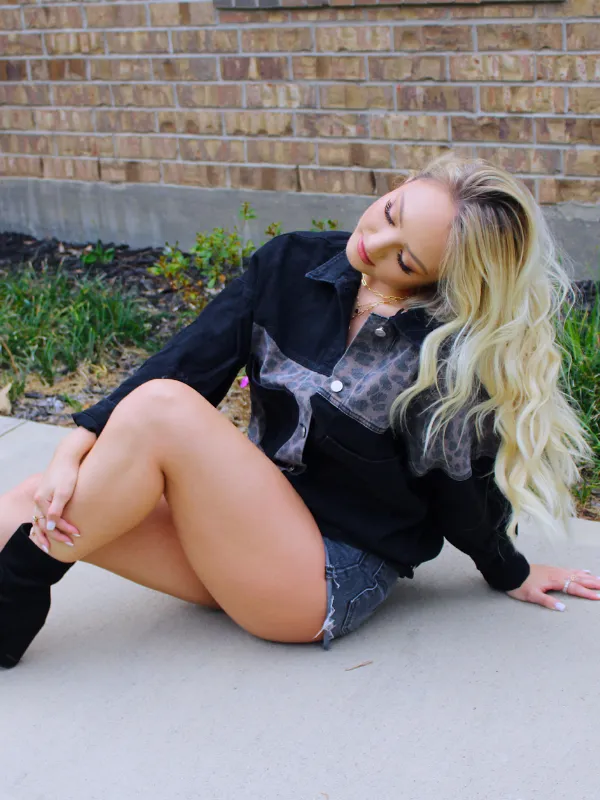 Gone Wild Boyfriend Denim Jacket, Black with Cheetah