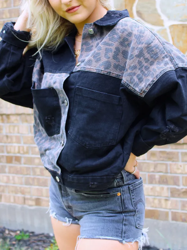 Gone Wild Boyfriend Denim Jacket, Black with Cheetah