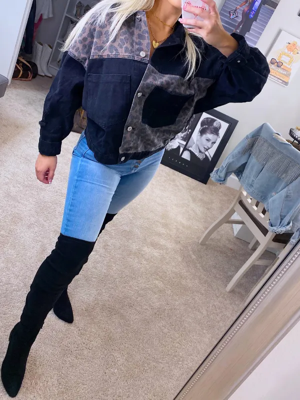 Gone Wild Boyfriend Denim Jacket, Black with Cheetah