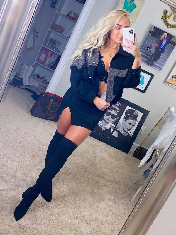 Gone Wild Boyfriend Denim Jacket, Black with Cheetah
