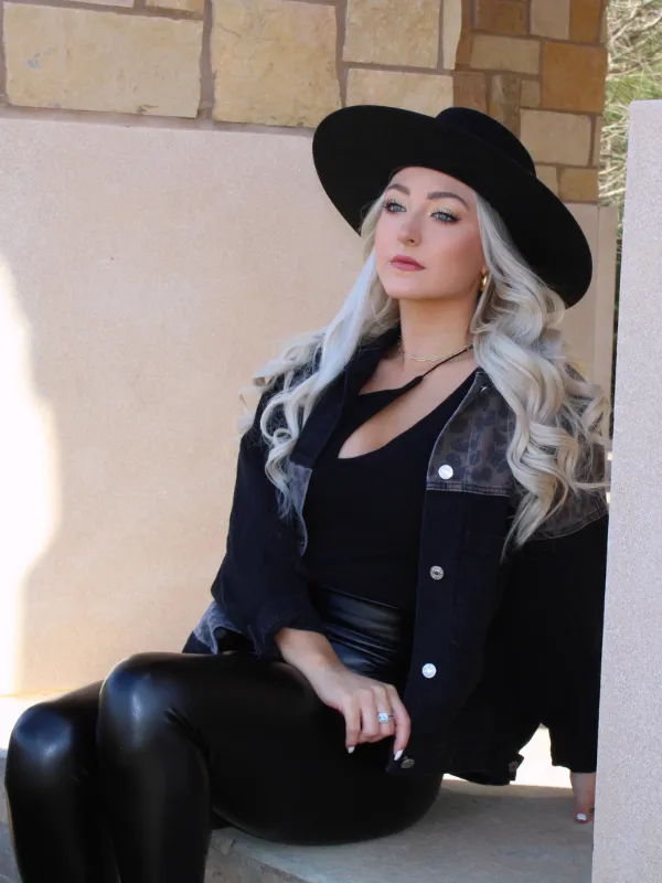 Gone Wild Boyfriend Denim Jacket, Black with Cheetah