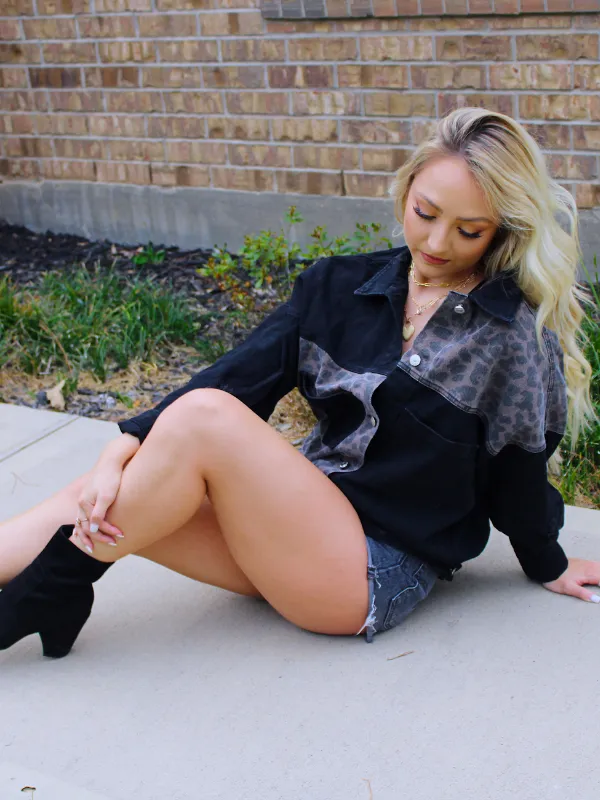 Gone Wild Boyfriend Denim Jacket, Black with Cheetah