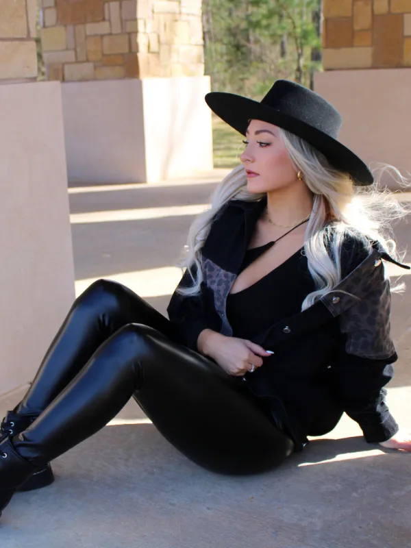 Gone Wild Boyfriend Denim Jacket, Black with Cheetah