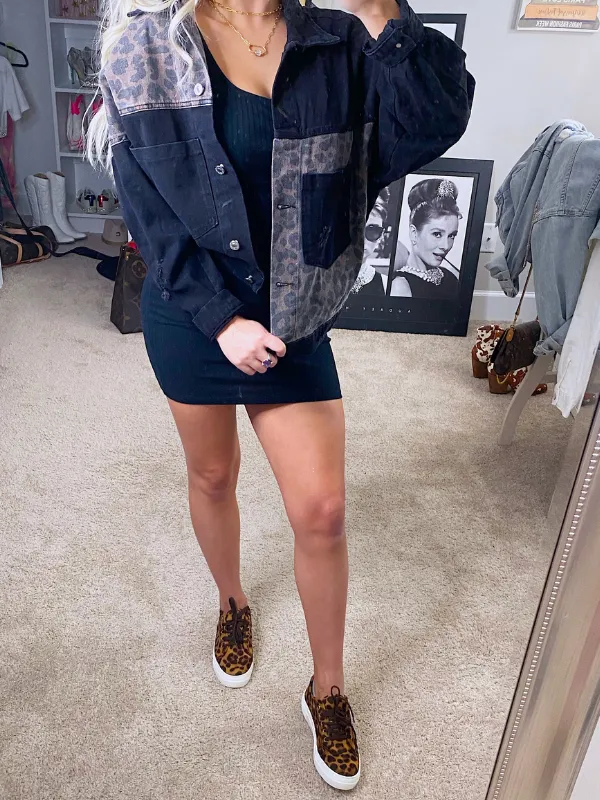 Gone Wild Boyfriend Denim Jacket, Black with Cheetah