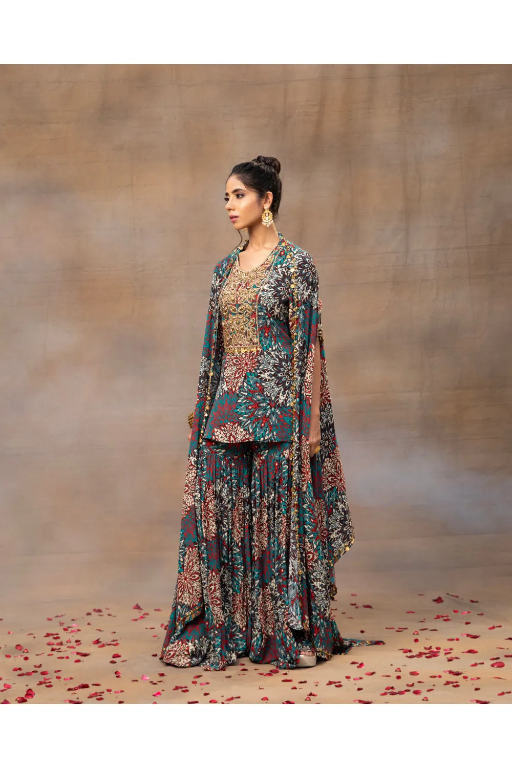 Green Printed Embroidered Short Kurta, Sharara And Cape Set