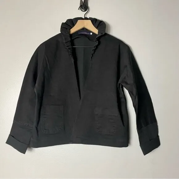 Harvey Faircloth  Ruffle Collar Crop Denim Jacket in Black