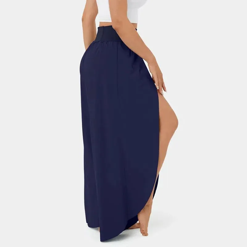 High Waist Back Pocket Flowy Slit Wide Leg Quick Dry Casual Pants