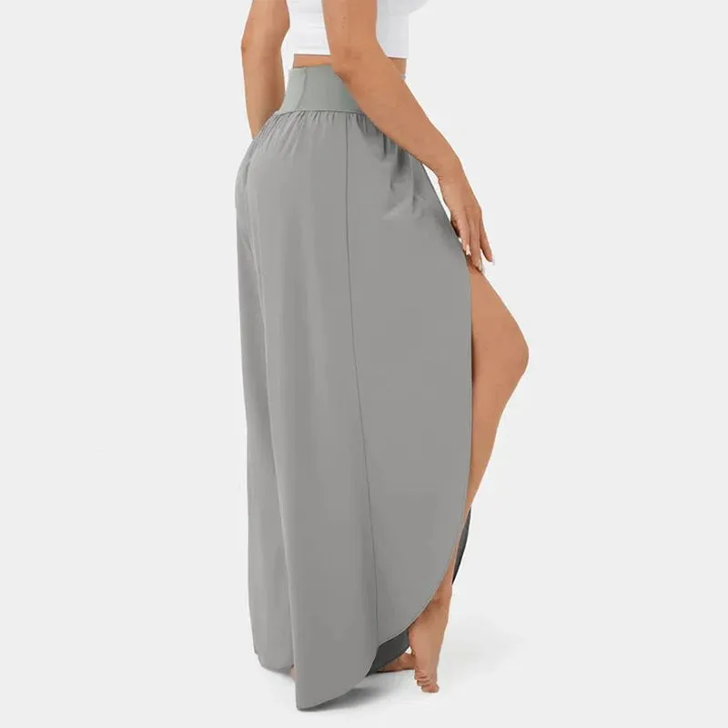 High Waist Back Pocket Flowy Slit Wide Leg Quick Dry Casual Pants