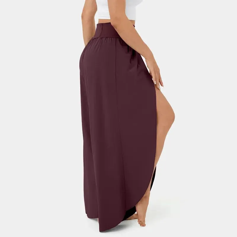High Waist Back Pocket Flowy Slit Wide Leg Quick Dry Casual Pants