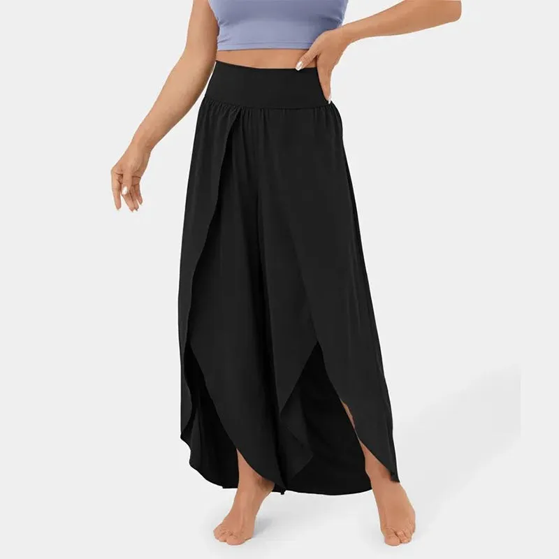 High Waist Back Pocket Flowy Slit Wide Leg Quick Dry Casual Pants