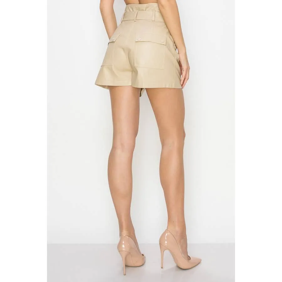 High Waist Belt Tie Side Pocket Leather Short Pants