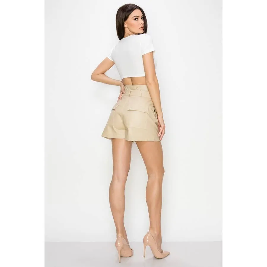 High Waist Belt Tie Side Pocket Leather Short Pants