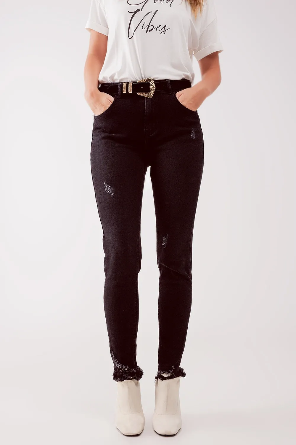 High waist ripped skinny jeans in black