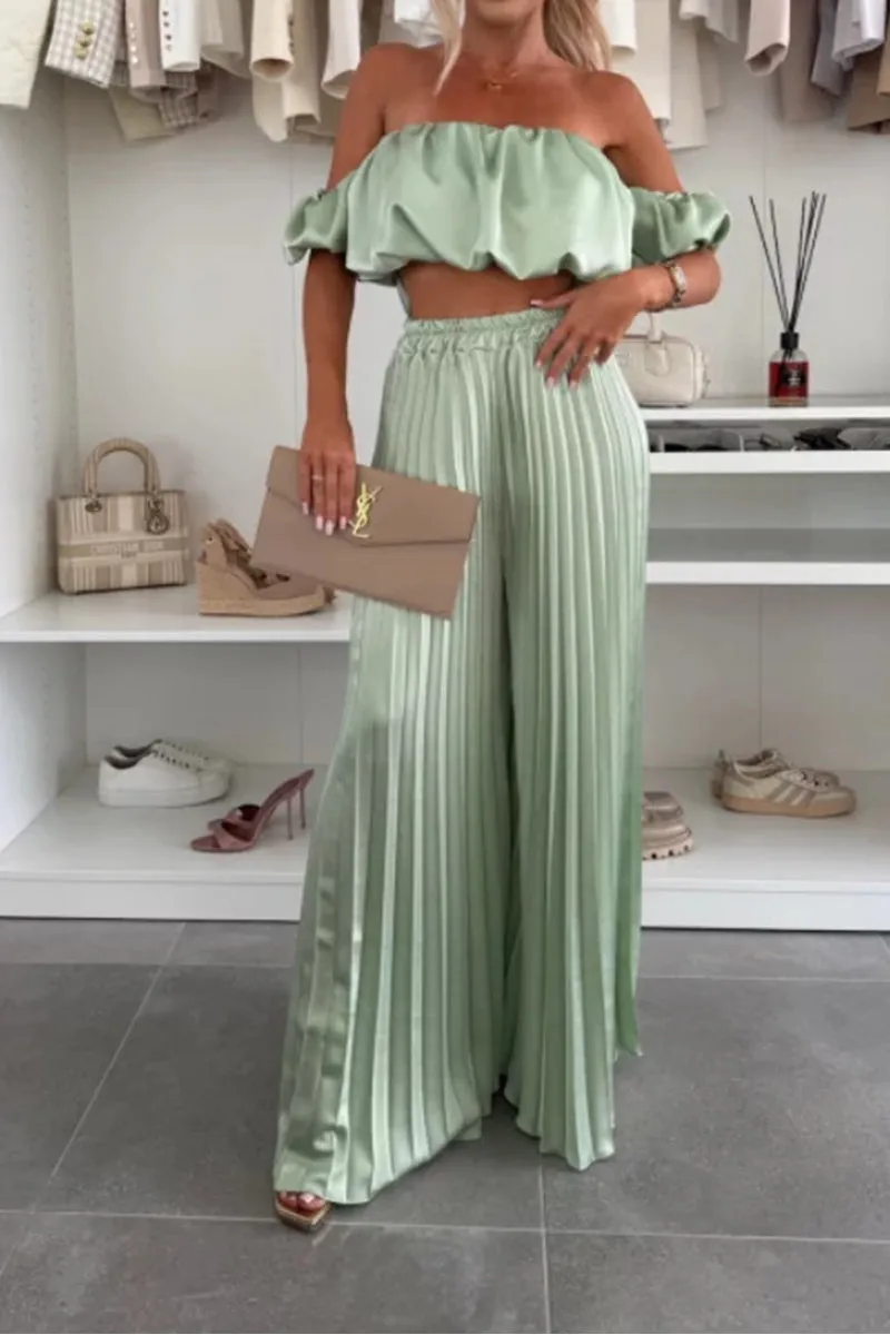 HUZ1149 Ruffle Bandeau & Wide-Leg Pant Set