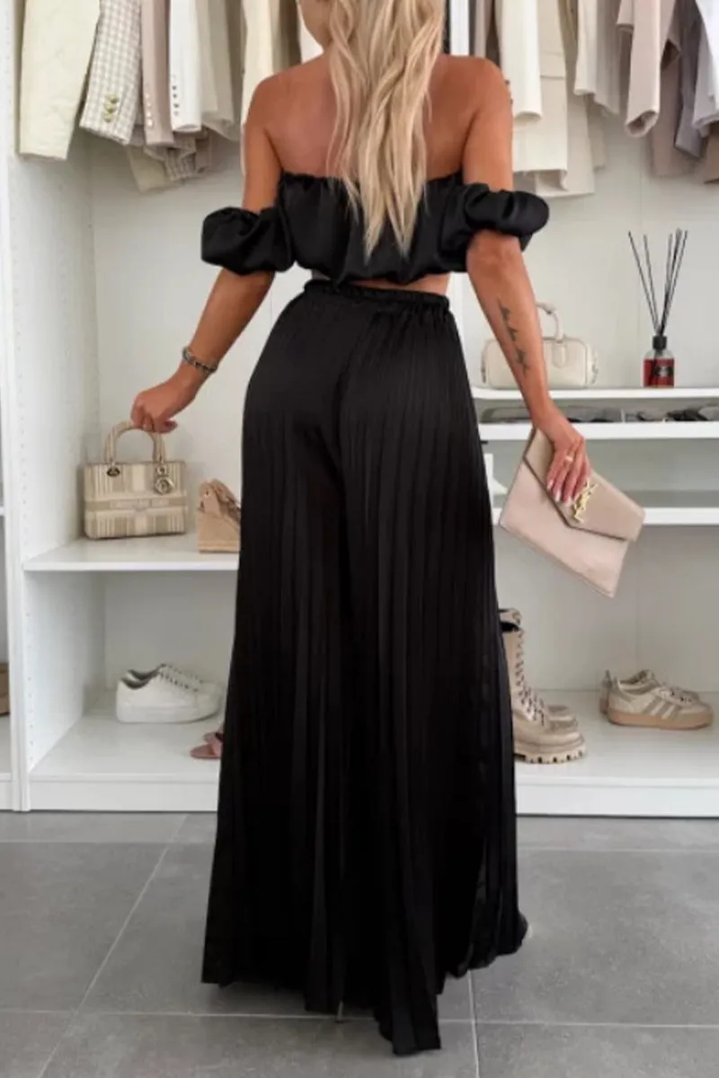 HUZ1149 Ruffle Bandeau & Wide-Leg Pant Set