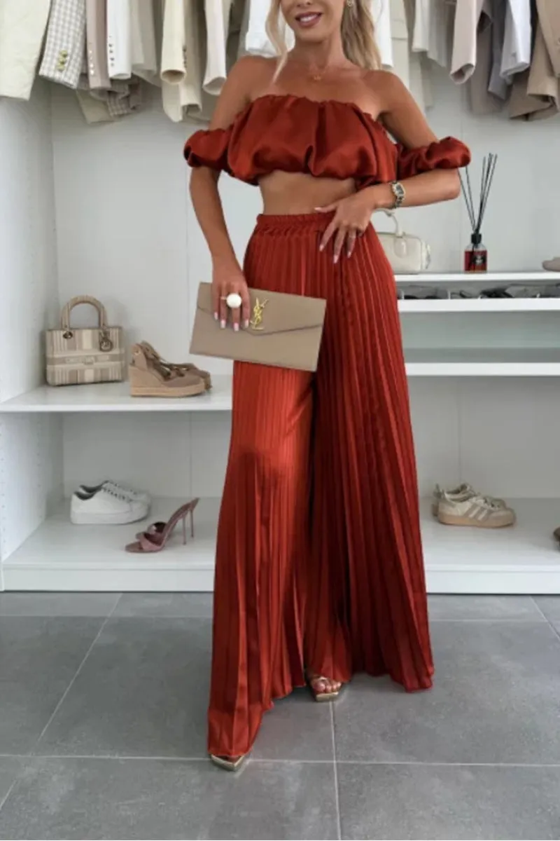 HUZ1149 Ruffle Bandeau & Wide-Leg Pant Set