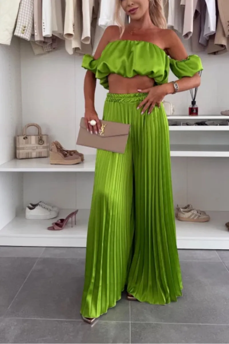 HUZ1149 Ruffle Bandeau & Wide-Leg Pant Set