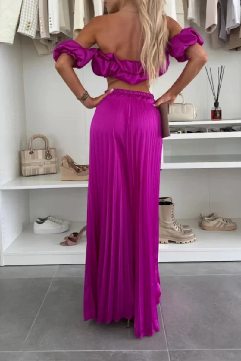 HUZ1149 Ruffle Bandeau & Wide-Leg Pant Set