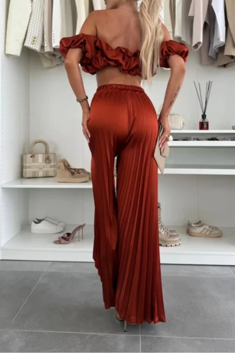 HUZ1149 Ruffle Bandeau & Wide-Leg Pant Set