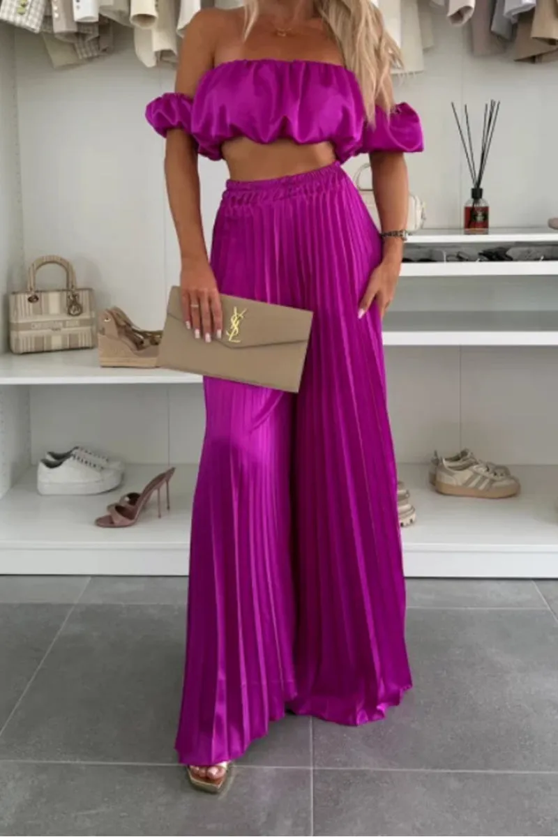 HUZ1149 Ruffle Bandeau & Wide-Leg Pant Set