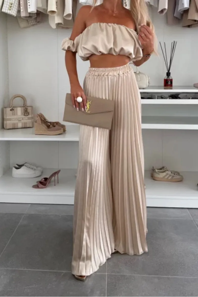 HUZ1149 Ruffle Bandeau & Wide-Leg Pant Set