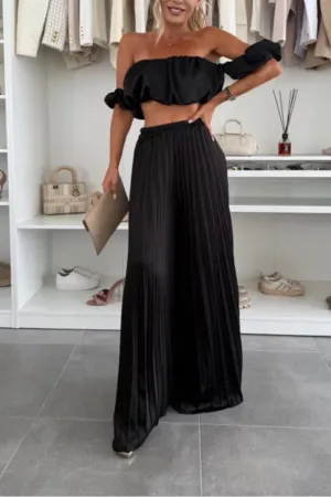 HUZ1149 Ruffle Bandeau & Wide-Leg Pant Set