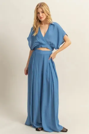 HYFVE Blue Kimono Sleeve Crop Top and Wide Leg Pants Set