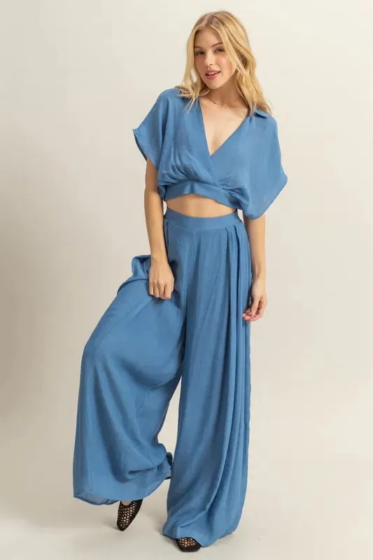 HYFVE Blue Kimono Sleeve Crop Top and Wide Leg Pants Set