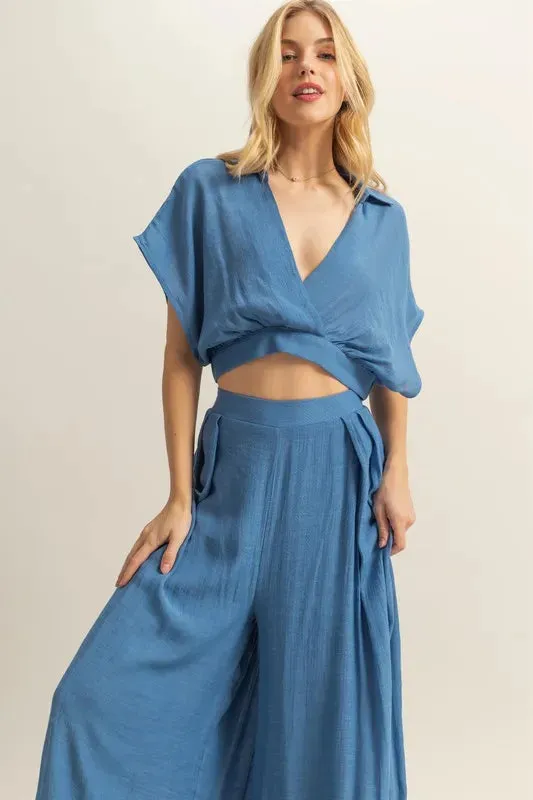 HYFVE Blue Kimono Sleeve Crop Top and Wide Leg Pants Set