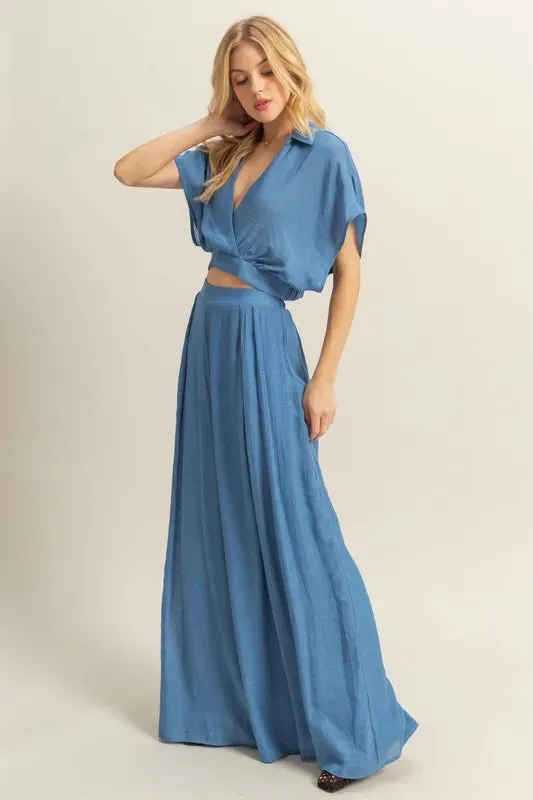 HYFVE Blue Kimono Sleeve Crop Top and Wide Leg Pants Set