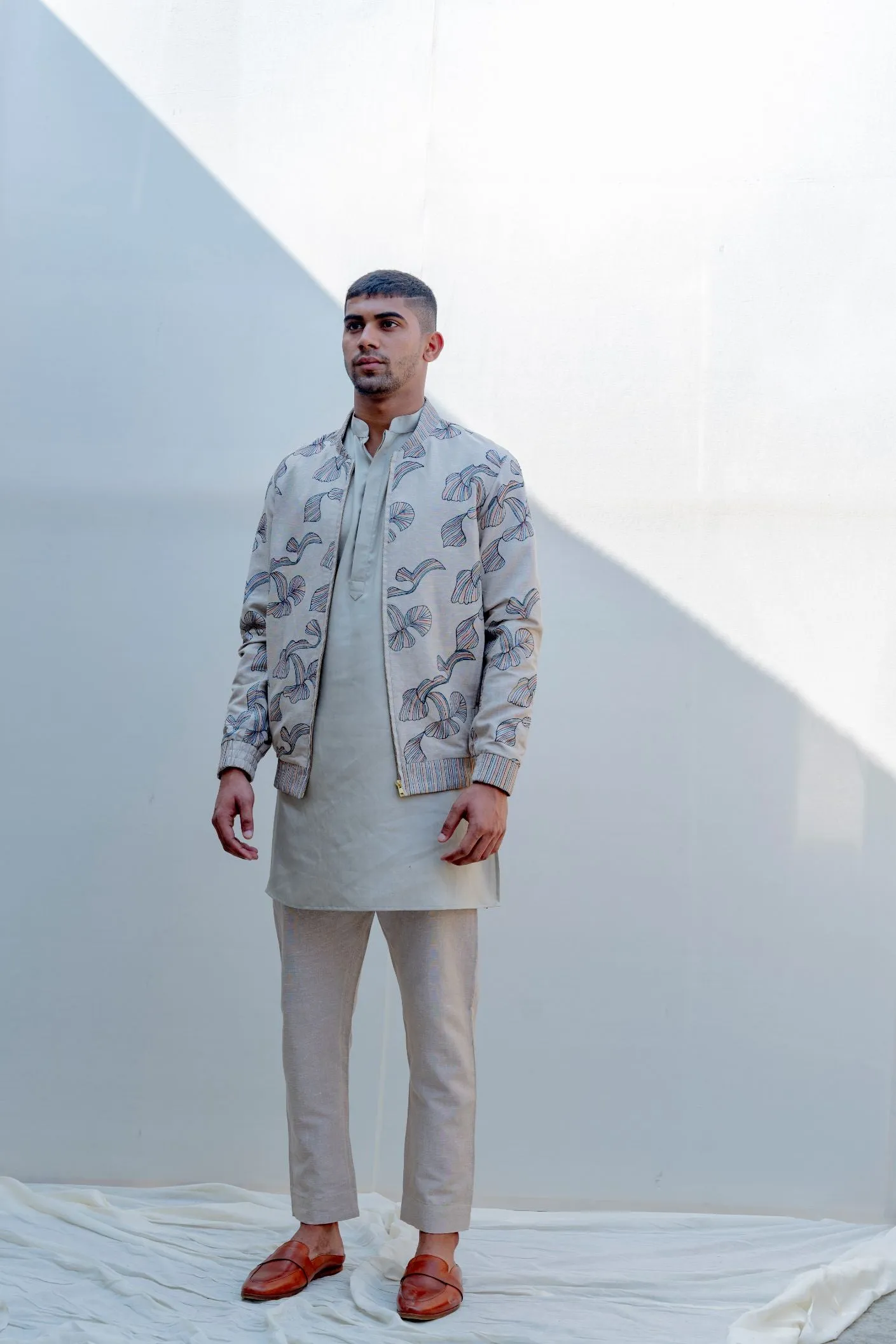 I & YOU- Beige Abstract Embroidered Jacket With Kurta Set