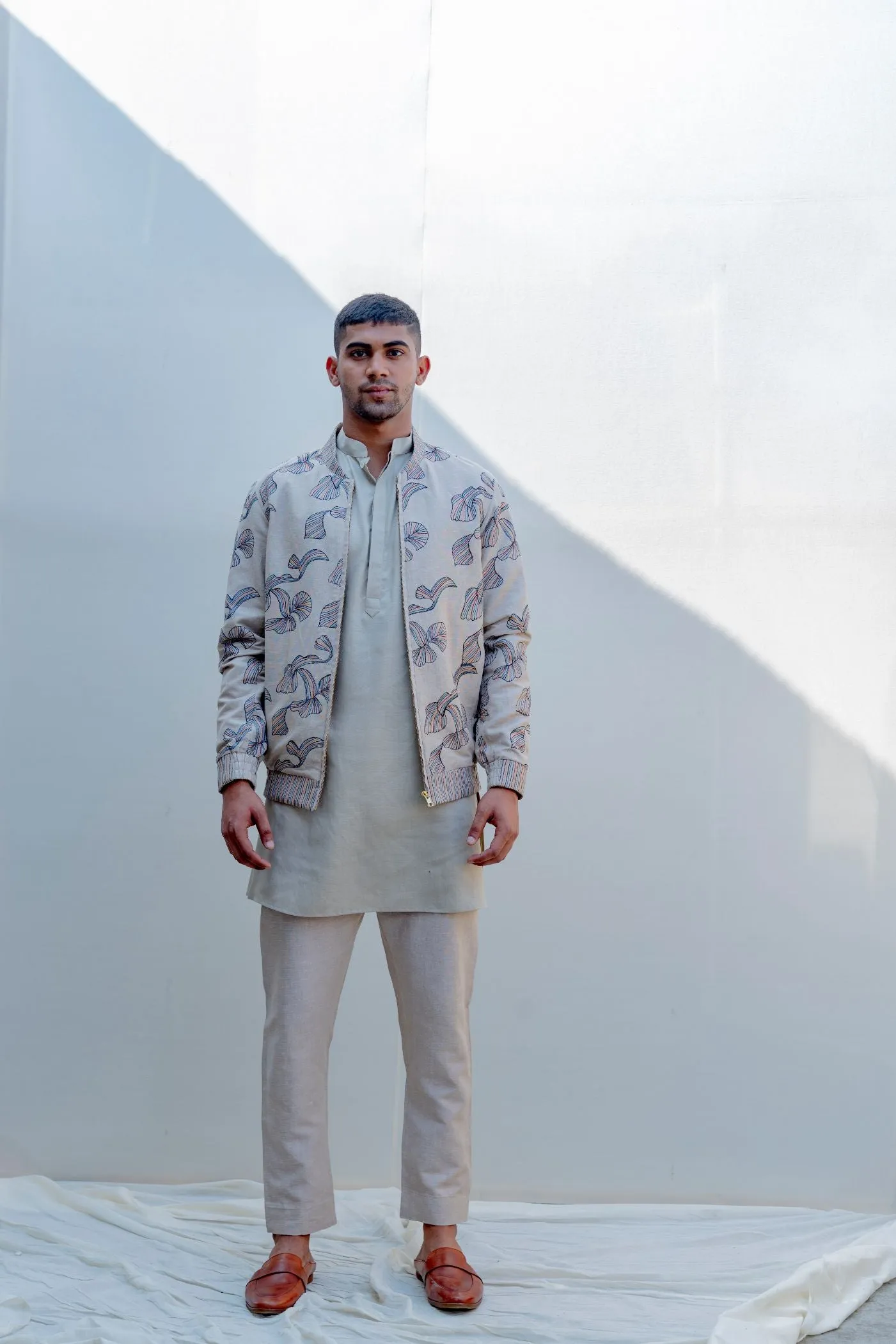 I & YOU- Beige Abstract Embroidered Jacket With Kurta Set