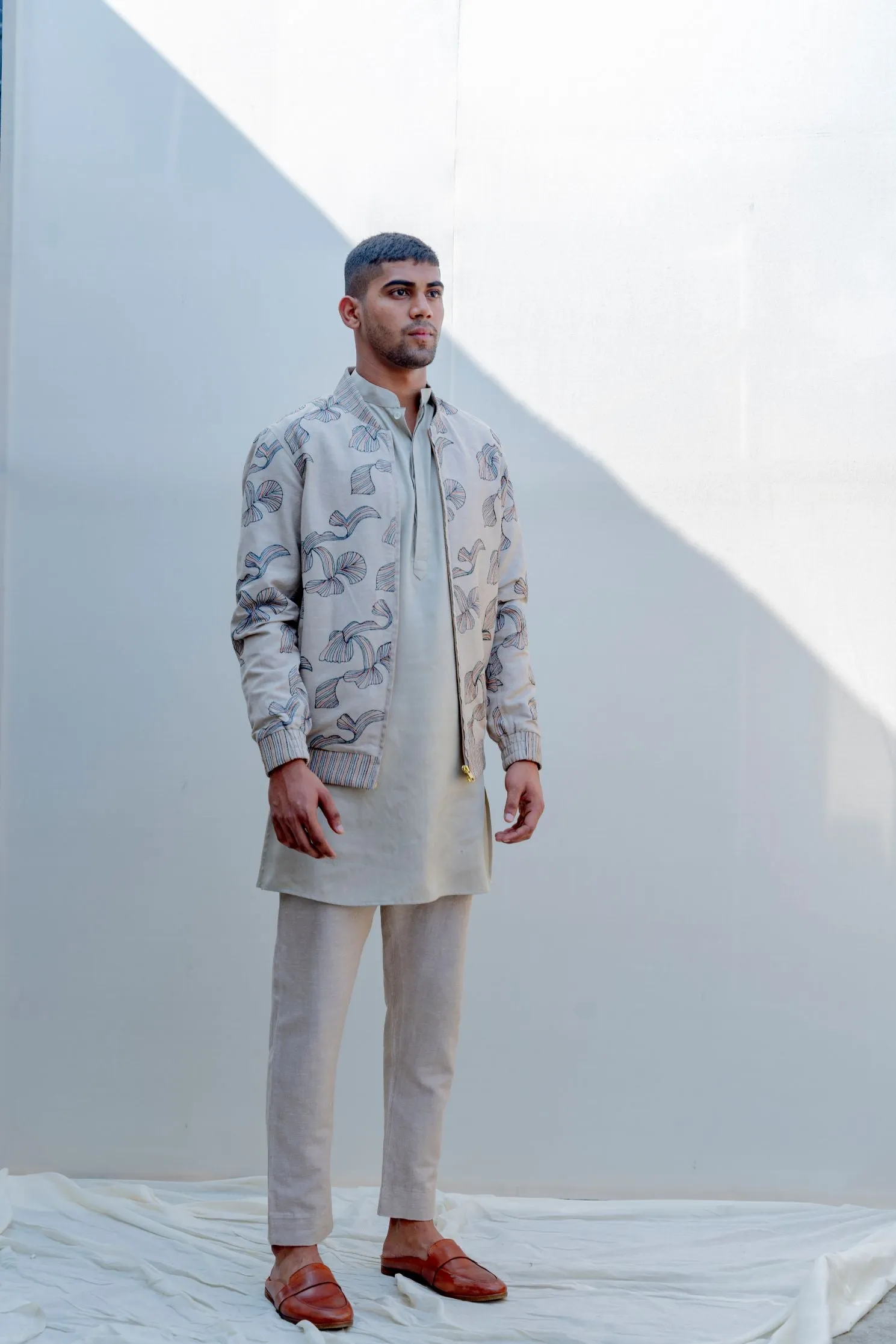 I & YOU- Beige Abstract Embroidered Jacket With Kurta Set