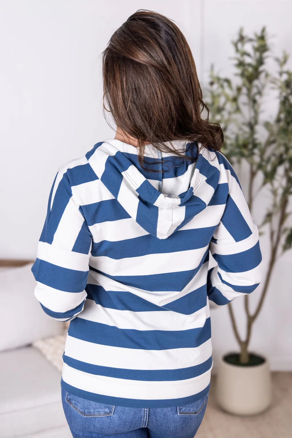 IN PRODUCTION Rylie Striped Lightweight Hoodie - Navy and White
