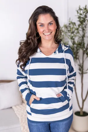 IN PRODUCTION Rylie Striped Lightweight Hoodie - Navy and White