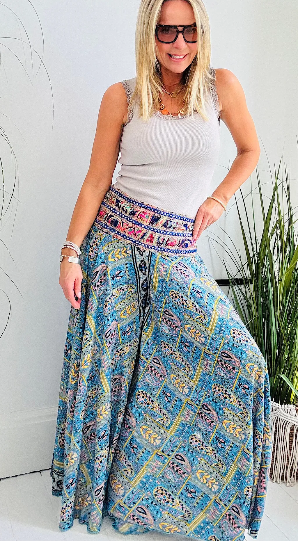 Indian silk palazzo pants blue/ yellow