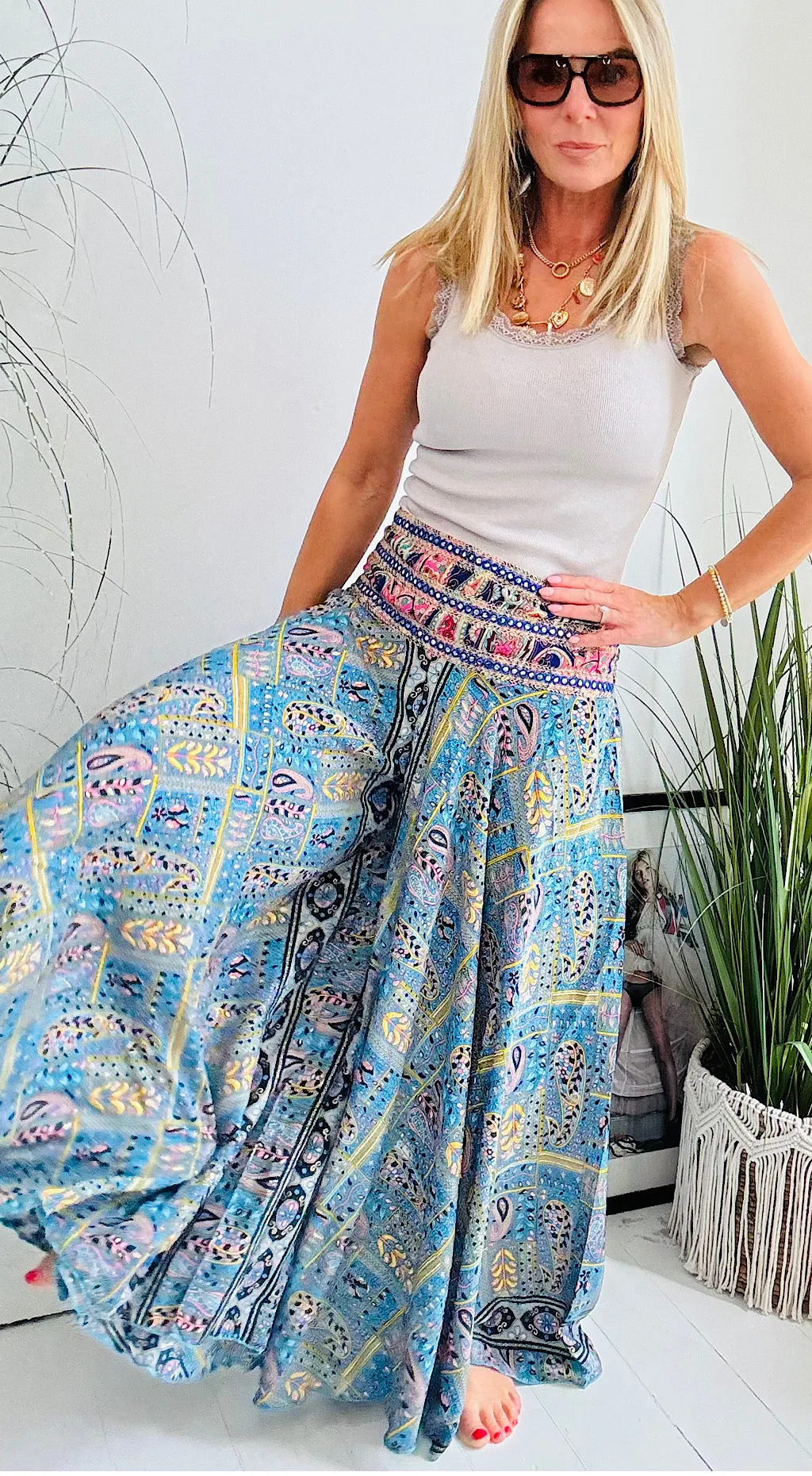 Indian silk palazzo pants blue/ yellow