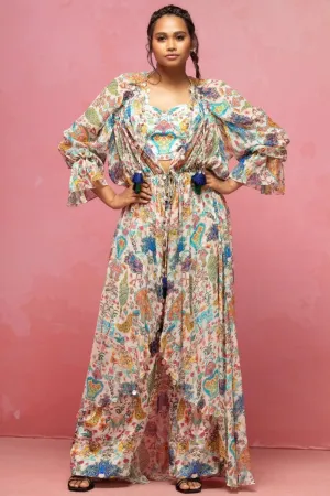 Ivory Crepe Printed Flowy Cape Set