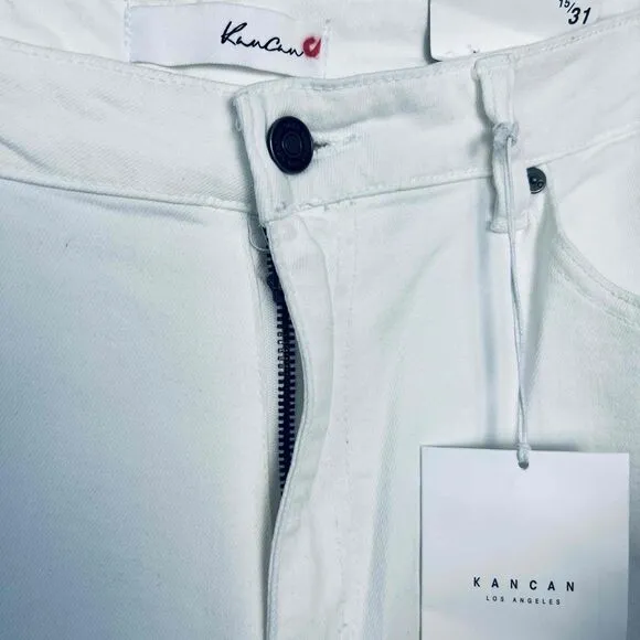 KanCan High Rise Super Skinny Size 31 Jeans White Raw Hem Busted Knees NWT