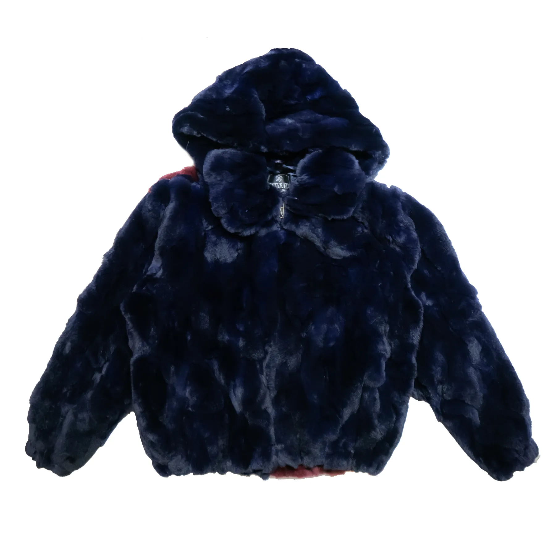 Kashani Navy & Burgundy Checkered Rex Rabbit Fur Bomber Jacket
