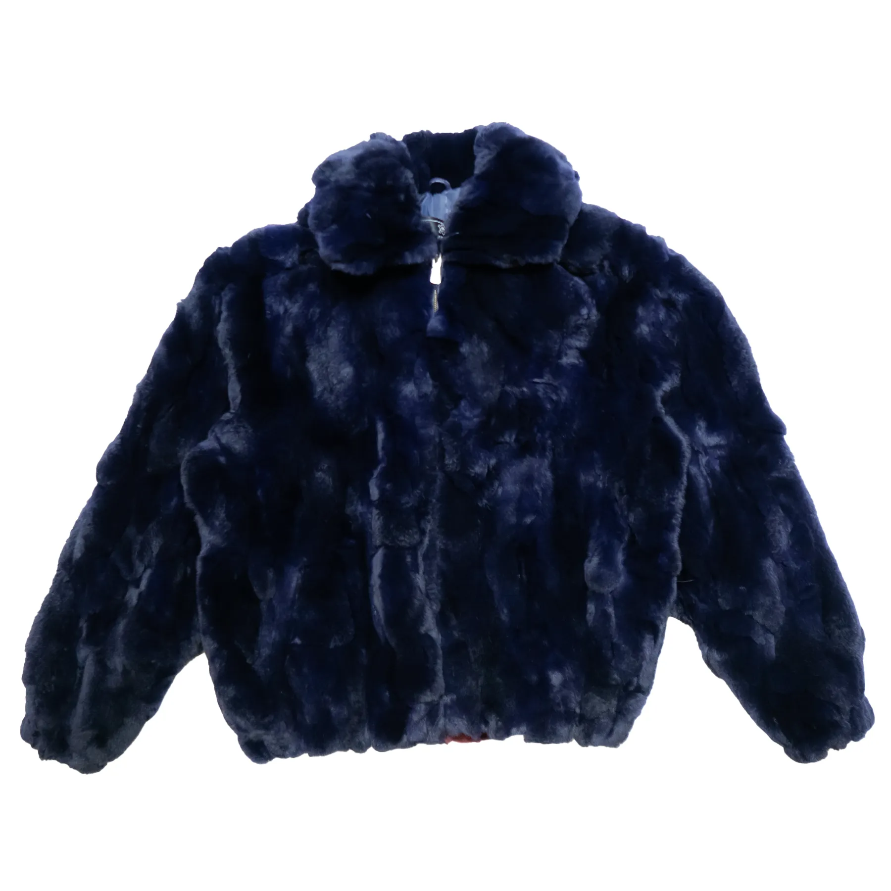 Kashani Navy & Burgundy Checkered Rex Rabbit Fur Bomber Jacket