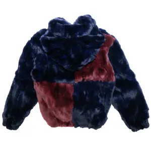 Kashani Navy & Burgundy Checkered Rex Rabbit Fur Bomber Jacket