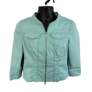 Lafayette 148 New York Denim Jacket Full Zip Light Blue Size Medium Mock Neck