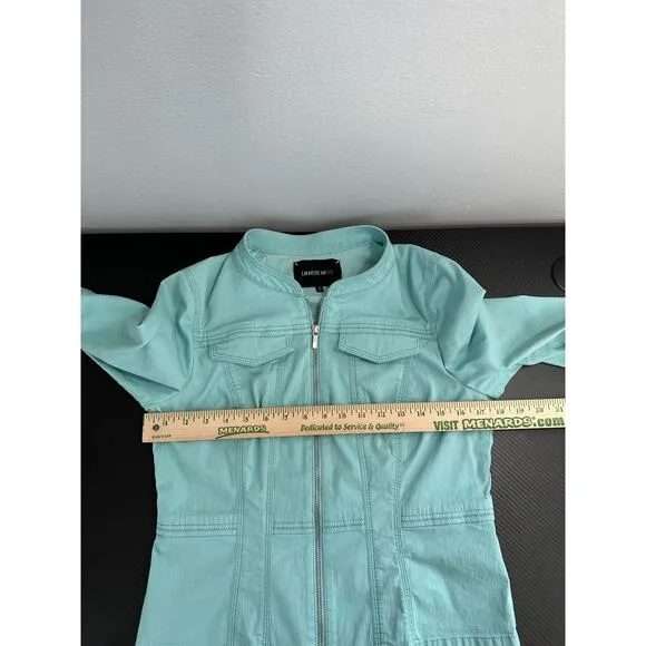 Lafayette 148 New York Denim Jacket Full Zip Light Blue Size Medium Mock Neck