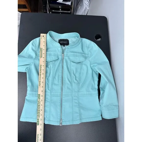 Lafayette 148 New York Denim Jacket Full Zip Light Blue Size Medium Mock Neck