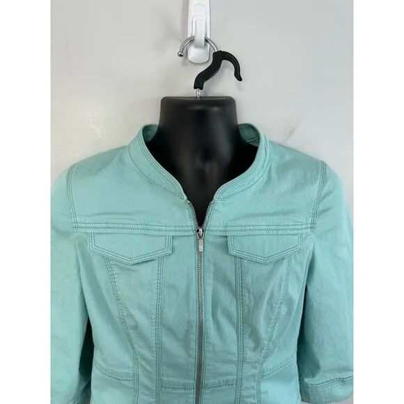 Lafayette 148 New York Denim Jacket Full Zip Light Blue Size Medium Mock Neck