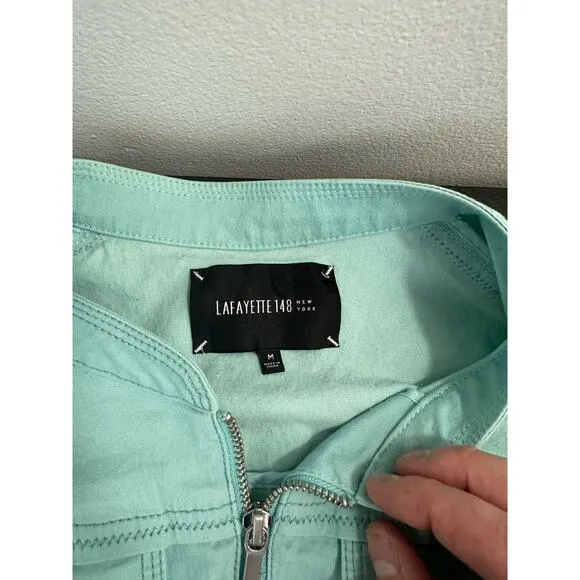 Lafayette 148 New York Denim Jacket Full Zip Light Blue Size Medium Mock Neck